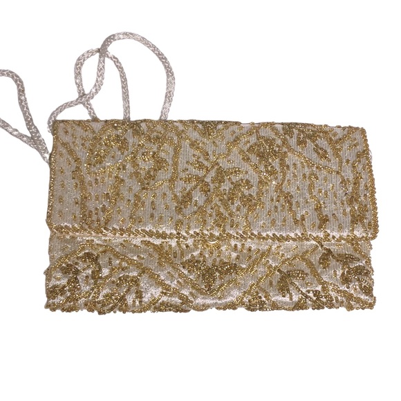 Vintage Handbags - Vtg Formal Gold Beaded Art Deco Large Envelope Clutch Shoulder Strap Prom Bag